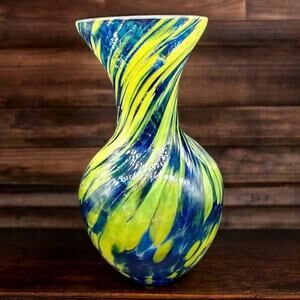 Czech Crystal Vase 5” Royal Limited Mouth Blown Confetti Swirl Blue Yellow